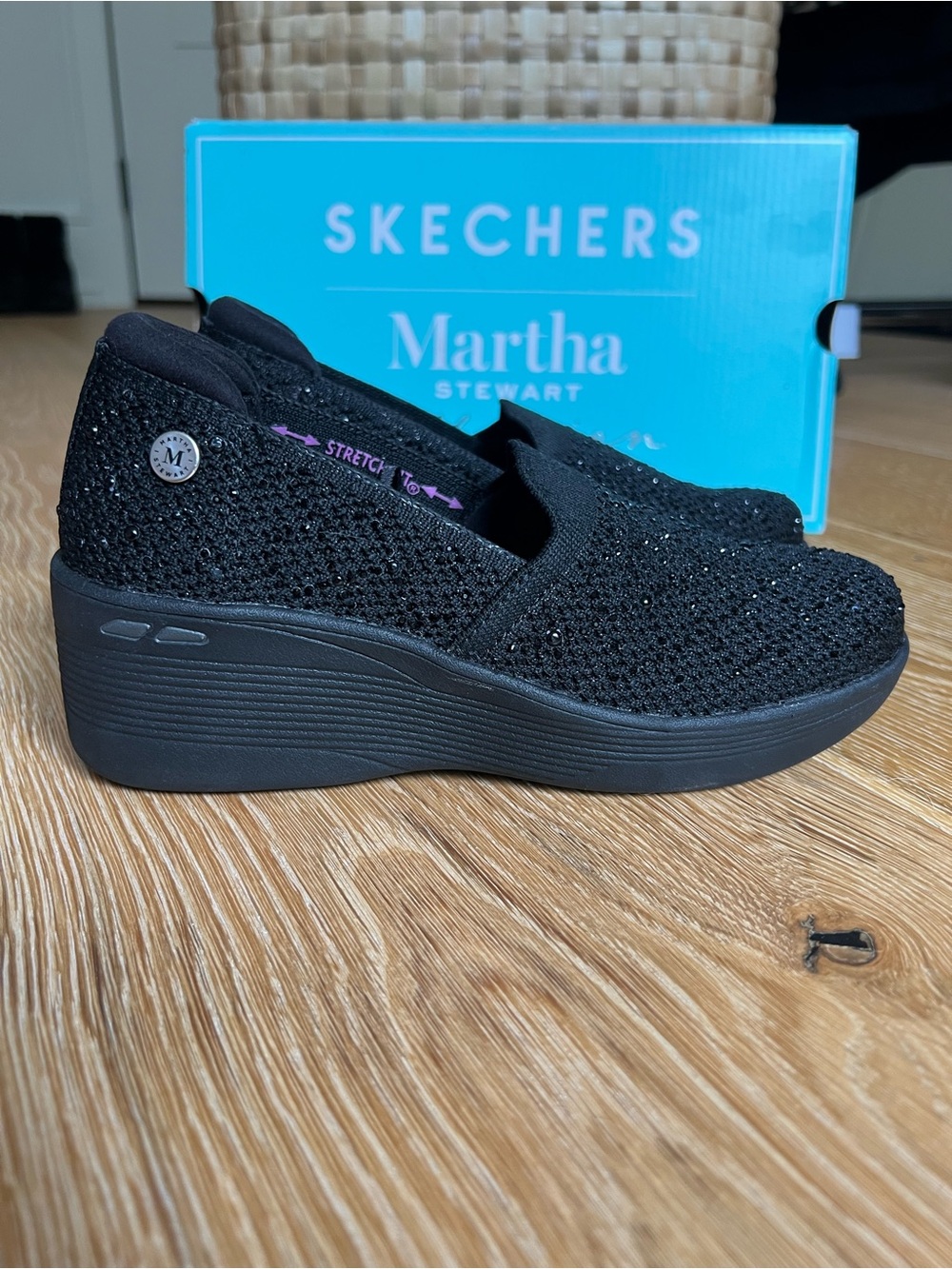 Martha Stewart Black Knit Slip-On Wedge Sneakers with Subtle Sparkle